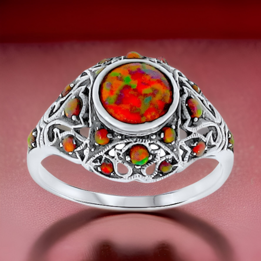 925 STERLING SILVER ANTIQUE STYLE LAB-CREATED RED FIRE OPAL FILIGREE RING   #027