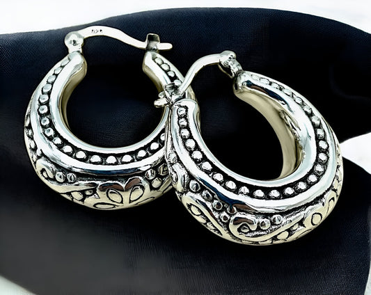 925 STERLING SILVER FILIGREE DESIGN HOOP EARRINGS LIGHTWEIGHT LATCH BACK 1650