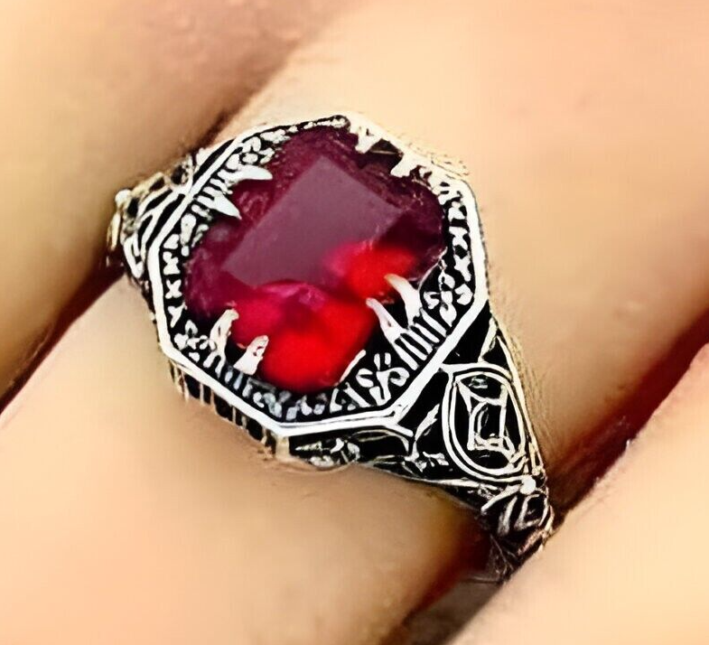 VIVID RED SIMULATED RUBY ANTIQUE STYLE 925 STERLING SILVER FILIGREE RING   #1350