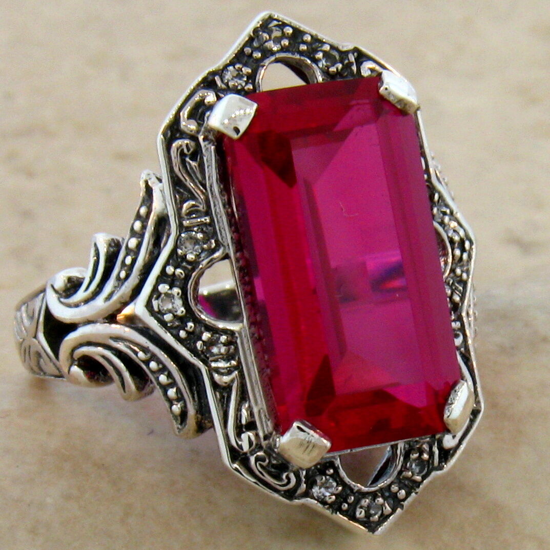 VICTORIAN STYLE CLASSIC 925 STERLING SILVER 6.5 CT LAB-CREATED RUBY RING    #466