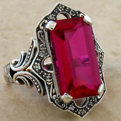 VICTORIAN STYLE CLASSIC 925 STERLING SILVER 6.5 CT LAB-CREATED RUBY RING    #466