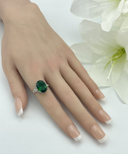 VIVID GREEN 925 STERLING SILVER VINTAGE ANTIQUE STYLE SIM EMERALD RING     #1354