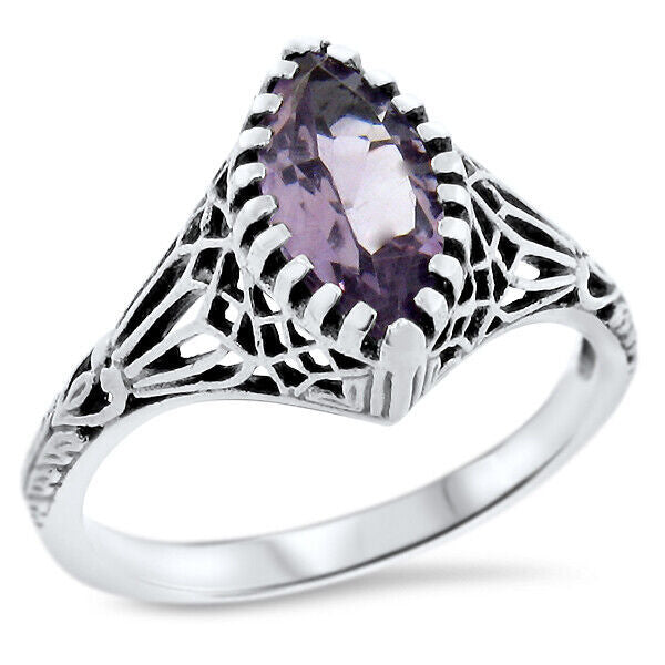 GENUINE AMETHYST 925 STERLING SILVER VICTORIAN DESIGN FILIGREE RING         #696