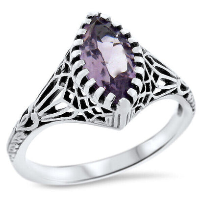 GENUINE AMETHYST 925 STERLING SILVER VICTORIAN DESIGN FILIGREE RING         #696