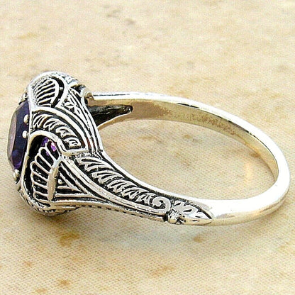 GENUINE AMETHYST 925 STERLING SILVER DECO ANTIQUE STYLE FILIGREE RING       #299