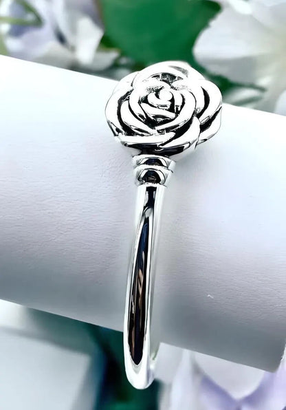 6.75" ROSE BANGLE BRACELET 925 STERLING SILVER LIGHTWEIGHT SPRING HINGED 1521