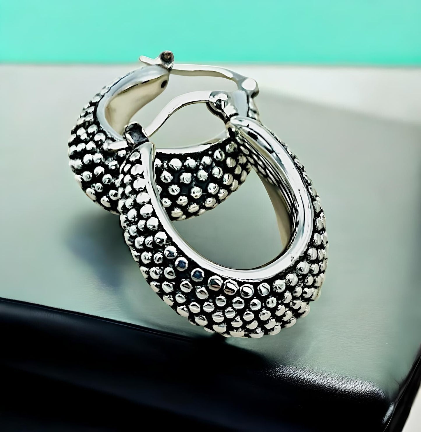 925 Sterling Silver Dot Design Hoop Earrings -  Lightweight Latch Back 1245