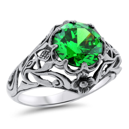 925 STERLING SILVER SCOTTISH THISTLE VINTAGE STYLE EMERALD CZ RING         #1198