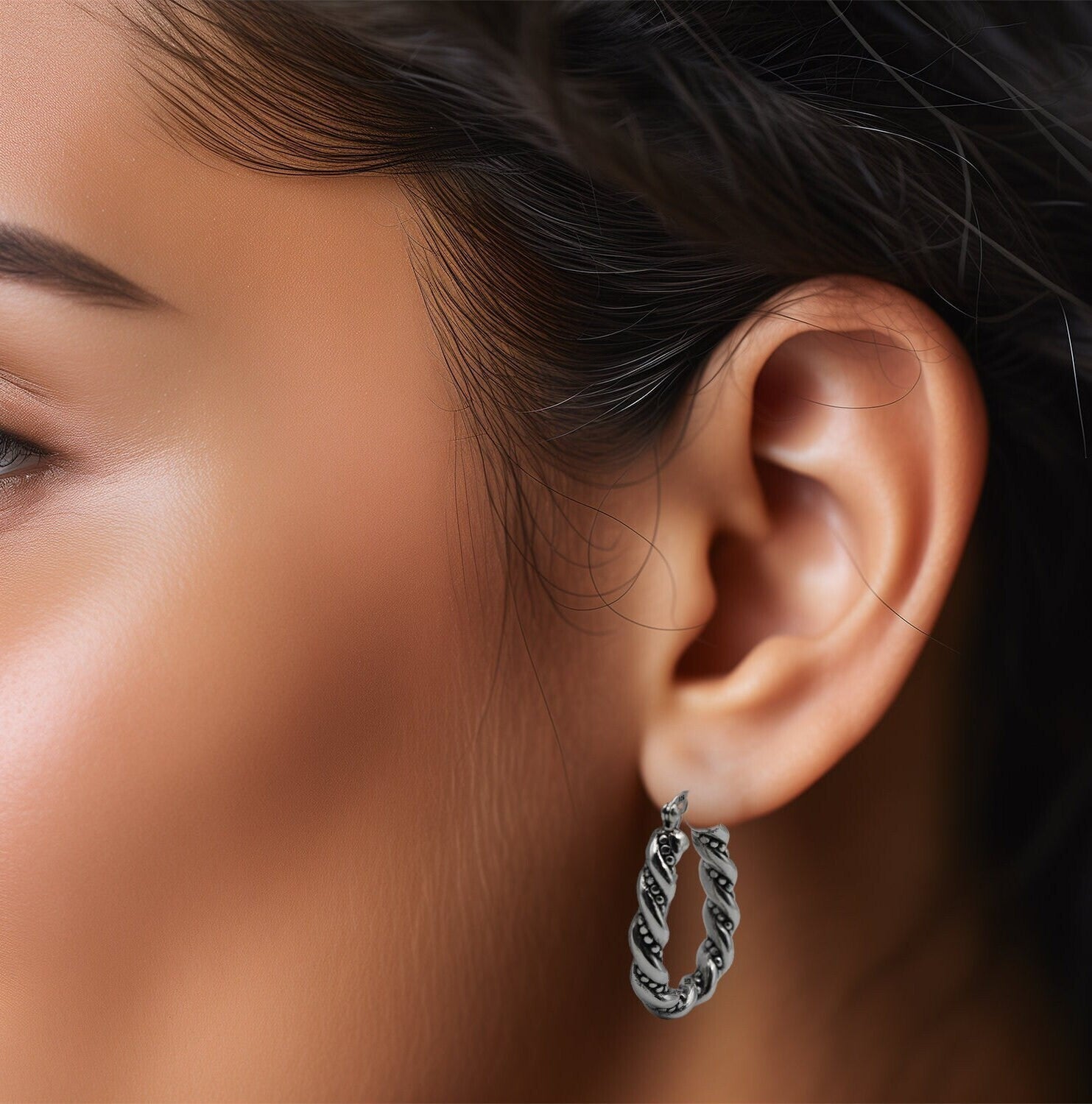 925 Silver - Light Weight Hoop Earrings, Twisted Dot Design Latch Back 1441