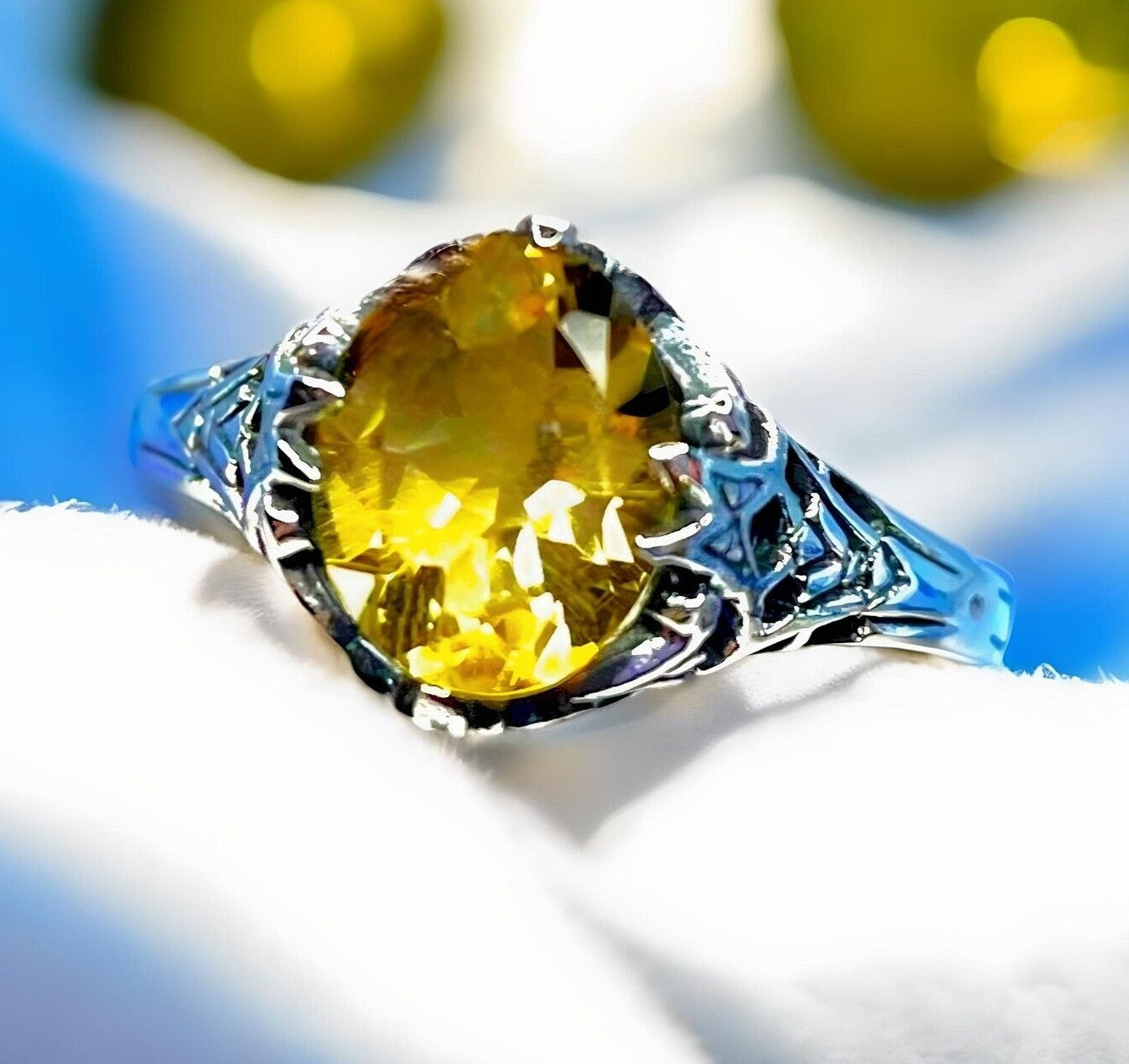 VINTAGE STYLE NATURAL CITRINE 925 SOLID STERLING SILVER FILIGREE RING    #443