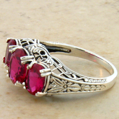 3 STONE 925 STERLING SILVER ART DECO STYLE 3.5 Ct RED LAB-CREATED RUBY RING #417