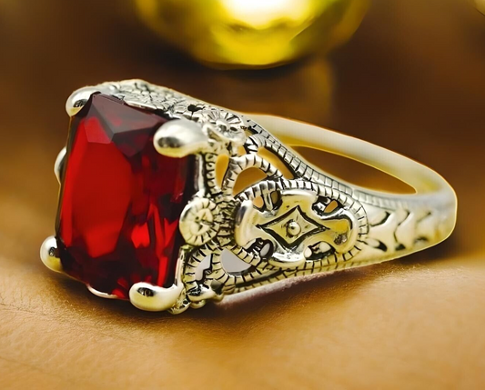 VINTAGE STYLE 925 SOLID STERLING SILVER SIMULATED GARNET FILIGREE RING 1761