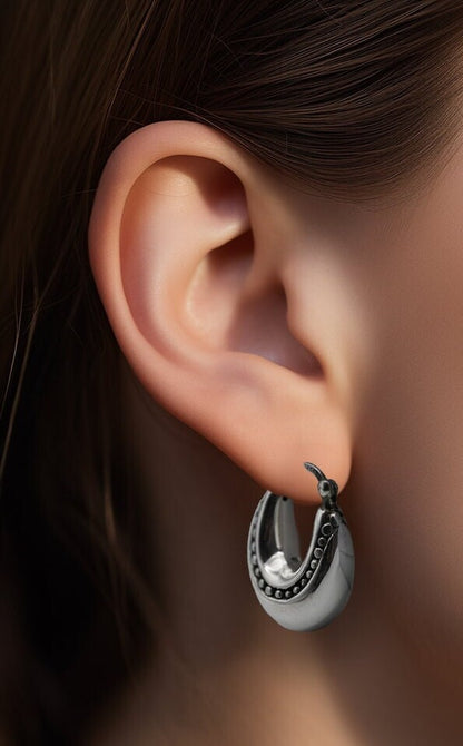 925 STERLING SILVER FILIGREE DESIGN HOOP EARRINGS LIGHTWEIGHT LATCH BACK 1650