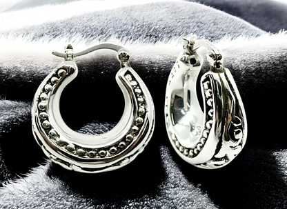 925 STERLING SILVER FILIGREE DESIGN LATCH BACK HOOP EARRINGS LIGHTWEIGHT 1674