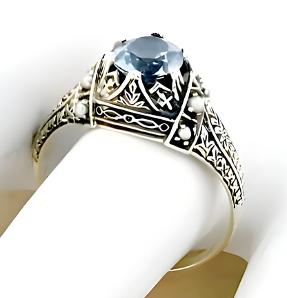 VICTORIAN STYLE 925 STERLING SILVER SIMULATED AQUAMARINE PEARL RING         #153