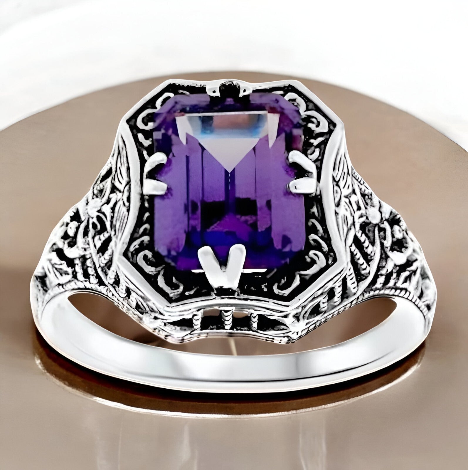 VINTAGE STYLE LAB-CREATED ALEXANDRITE 925 STERLING SILVER FILIGREE RING #019