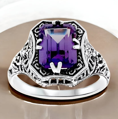 VINTAGE STYLE LAB-CREATED ALEXANDRITE 925 STERLING SILVER FILIGREE RING #019
