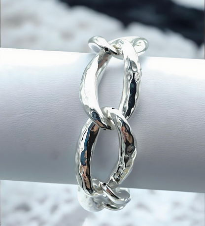 925 Sterling Silver Hammered Curb Link Bracelet - 7.5" Lightweight Design 1400