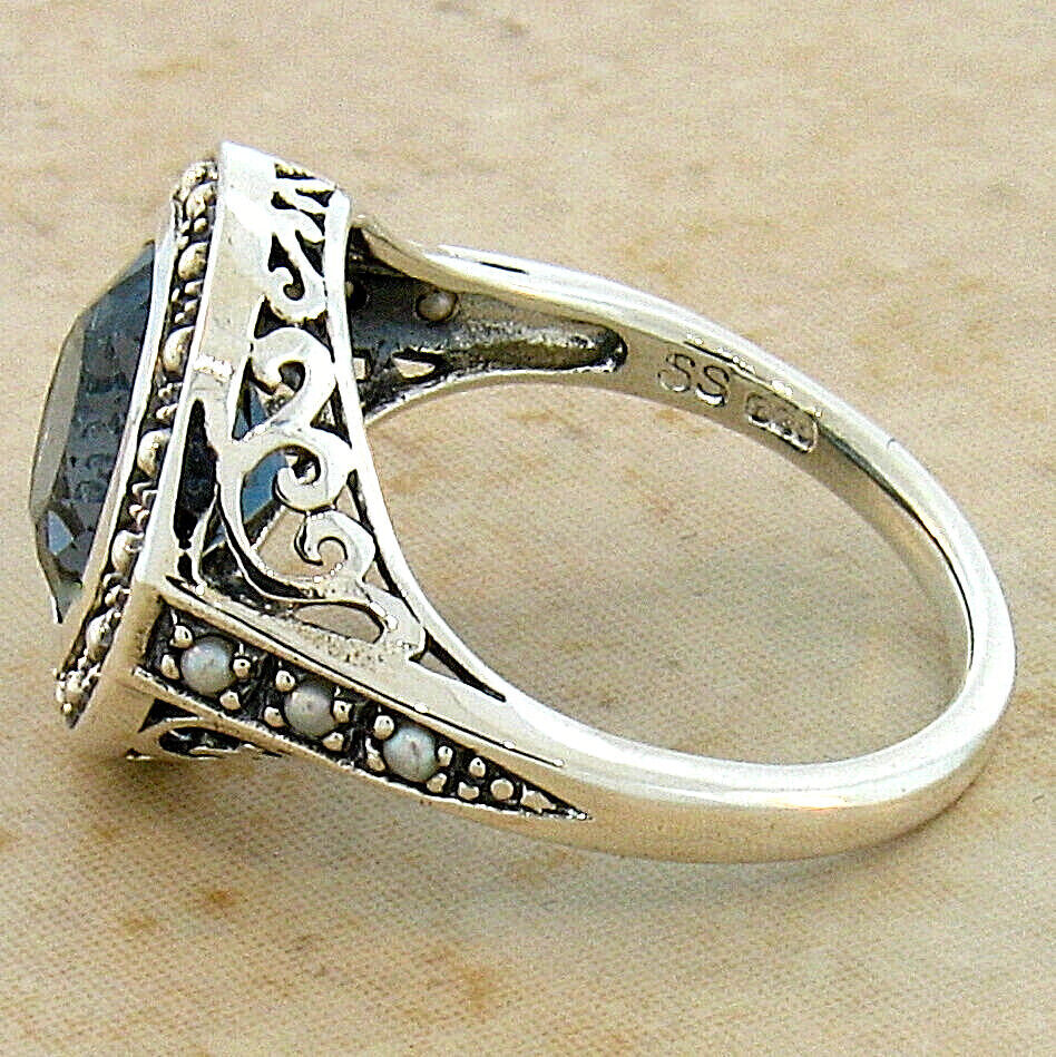 3 Ct GENUINE LONDON BLUE TOPAZ PEARL ANTIQUE STYLE 925 STERLING SILVER RING 289X