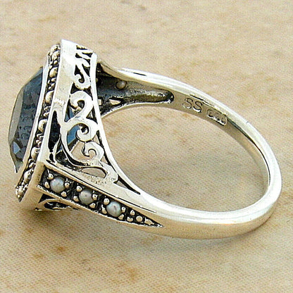 3 Ct GENUINE LONDON BLUE TOPAZ PEARL ANTIQUE STYLE 925 STERLING SILVER RING 289X