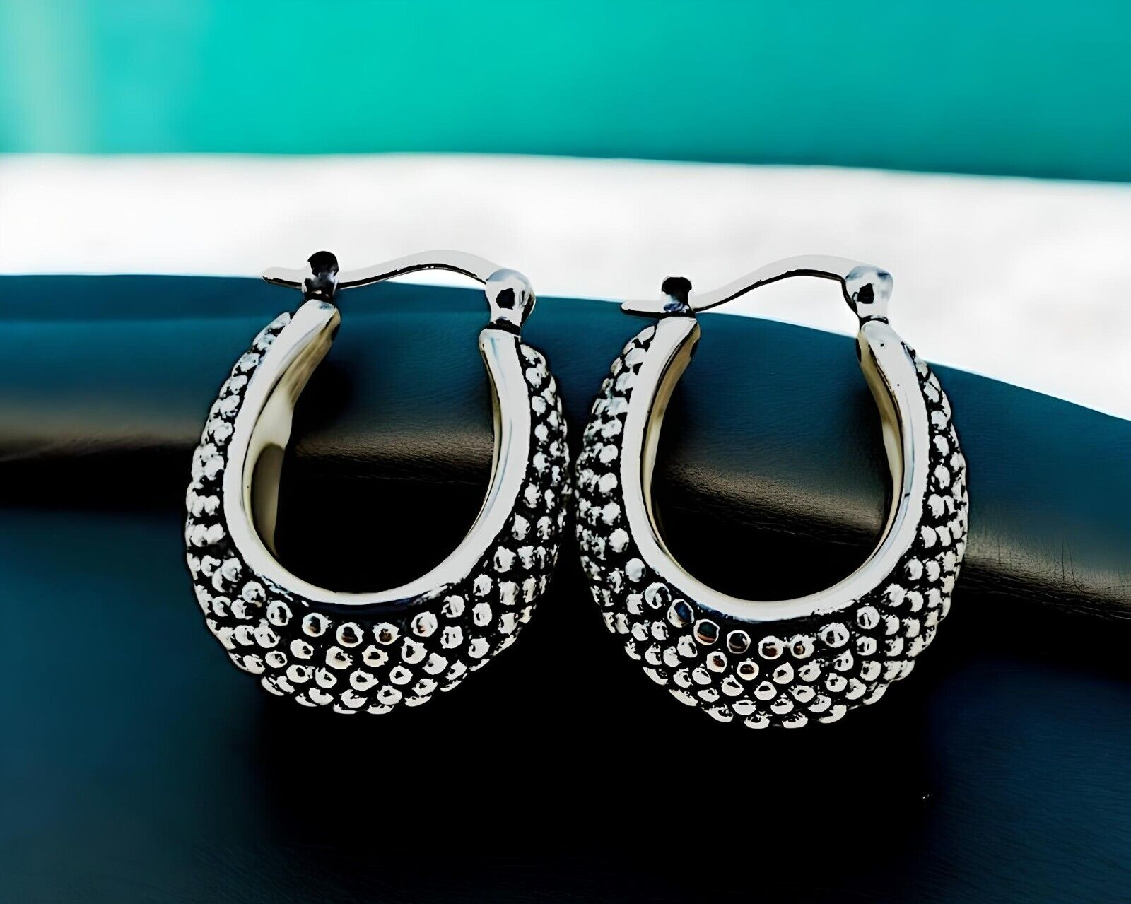 925 Sterling Silver Dot Design Hoop Earrings -  Lightweight Latch Back 1245