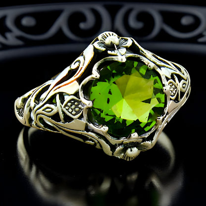 VINTAGE STYLE SCOTTISH THISTLE 925 STERLING SILVER SIMULATED PERIDOT RING #1137