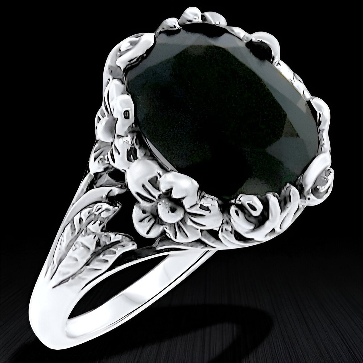 4 CARAT BLACK AGATE ART NOUVEAU STYLE 925 SOLID STERLING SILVER FLOWER RING  333