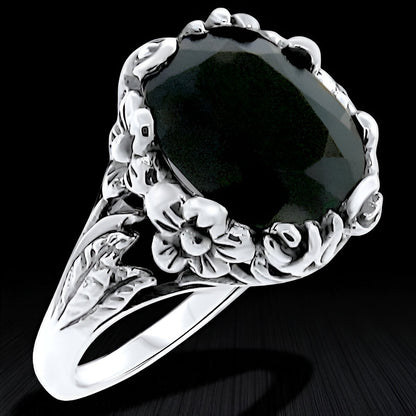 4 CARAT BLACK AGATE ART NOUVEAU STYLE 925 SOLID STERLING SILVER FLOWER RING  333