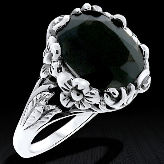 4 CARAT BLACK AGATE ART NOUVEAU STYLE 925 SOLID STERLING SILVER FLOWER RING  333