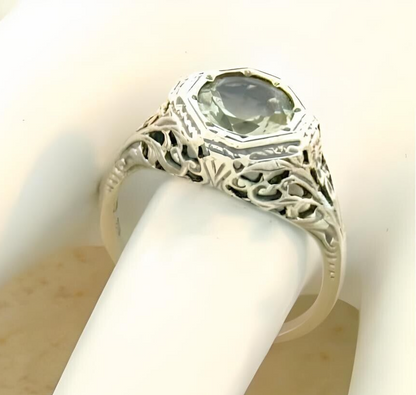 VINTAGE STYLE GENUINE GREEN AMETHYST 925 STERLING SILVER FILIGREE RING     #192