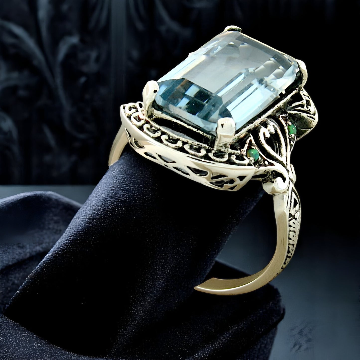 VICTORIAN STYLE 925 STERLING SILVER SIMULATED AQUAMARINE & GREEN OPAL RING  821