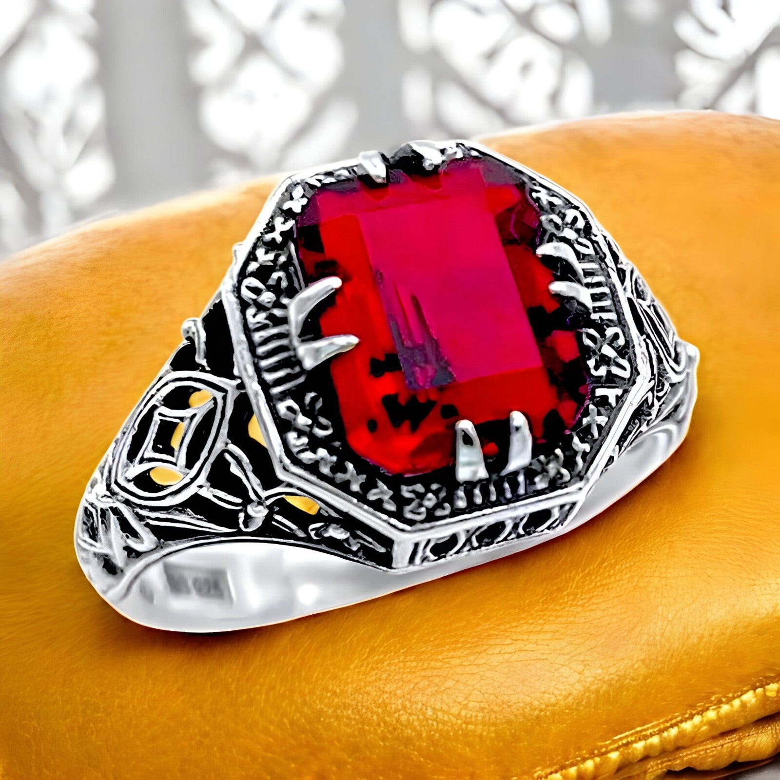 VIVID RED SIMULATED RUBY ANTIQUE STYLE 925 STERLING SILVER FILIGREE RING   #1350