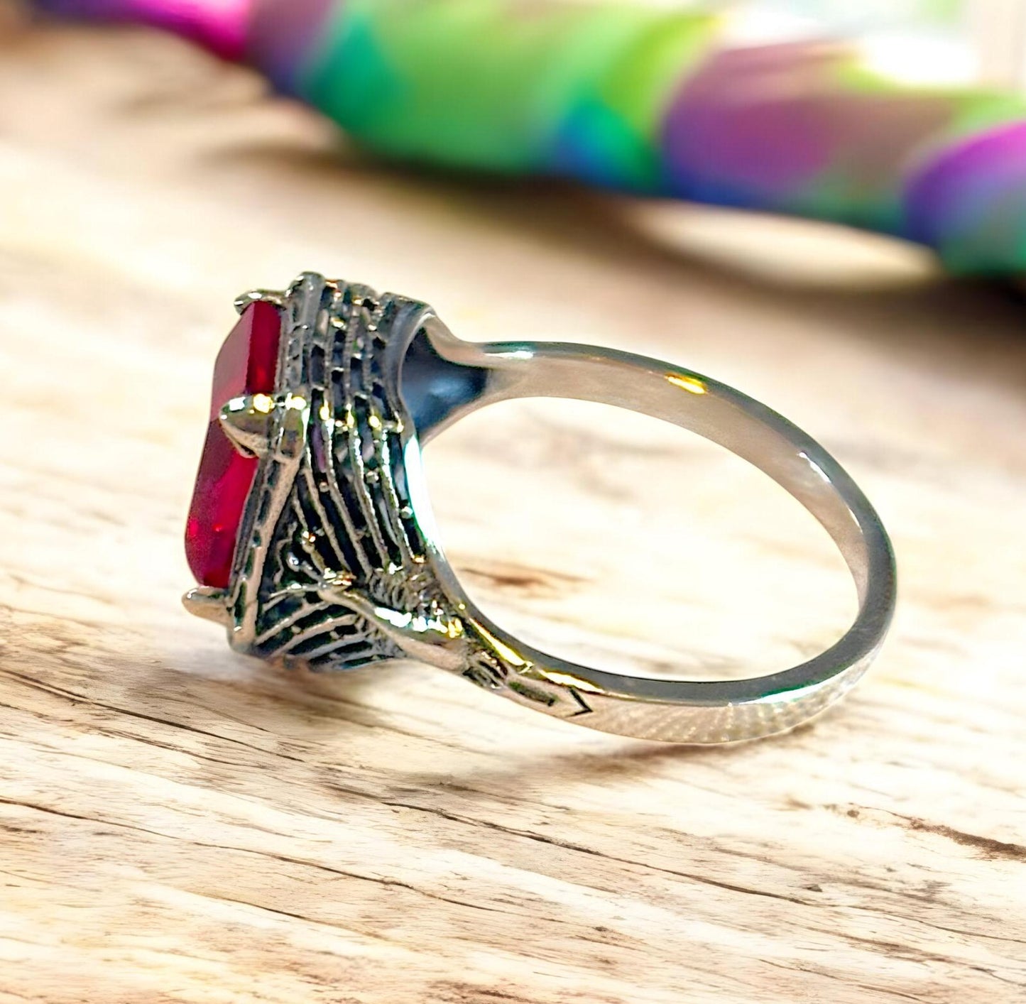 VINTAGE STYLE SIMULATED RUBY PEACOCK RING IN 925 SOLID STERLING SILVER 1246