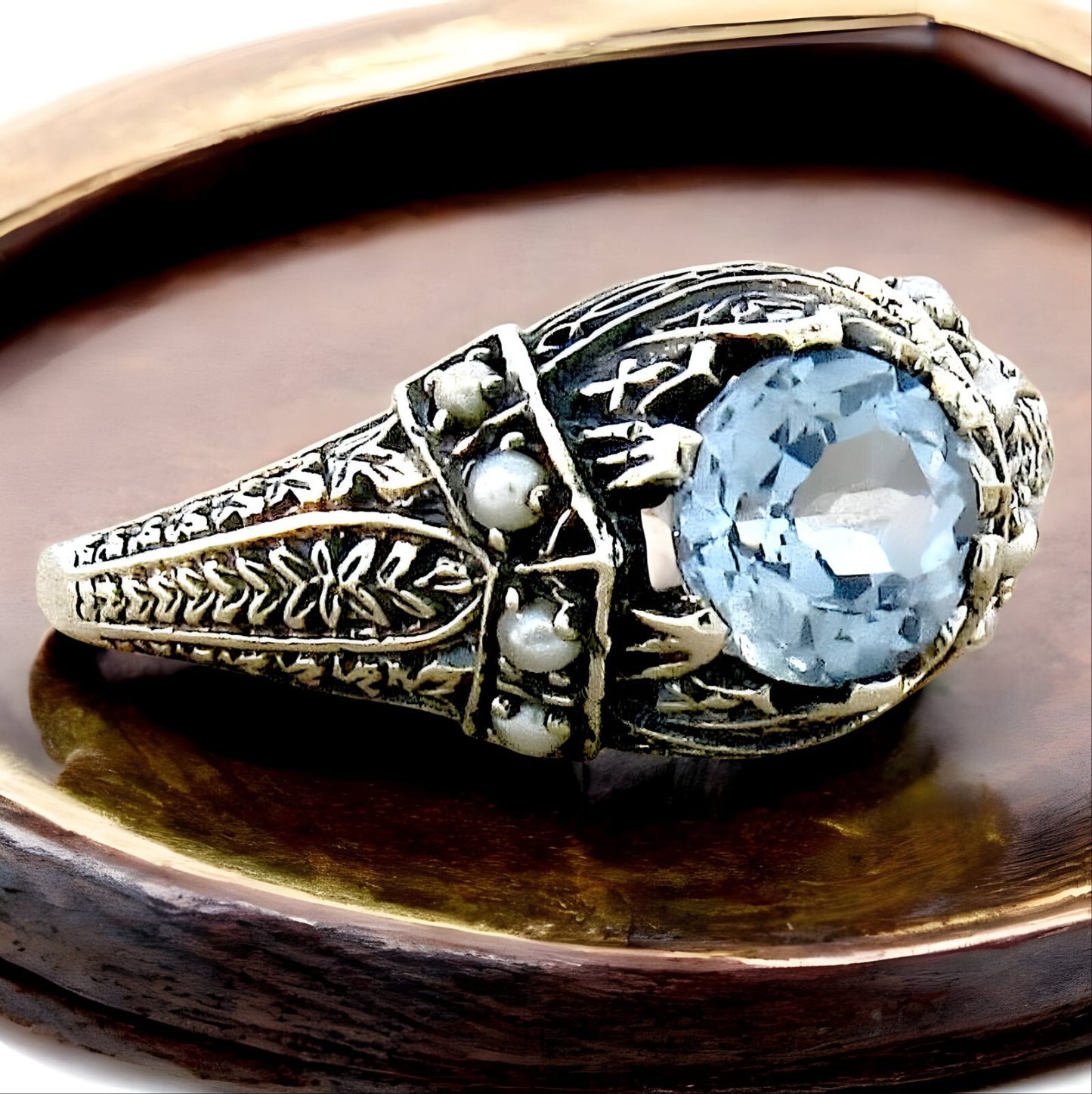 VICTORIAN STYLE 925 STERLING SILVER SIMULATED AQUAMARINE PEARL RING         #153