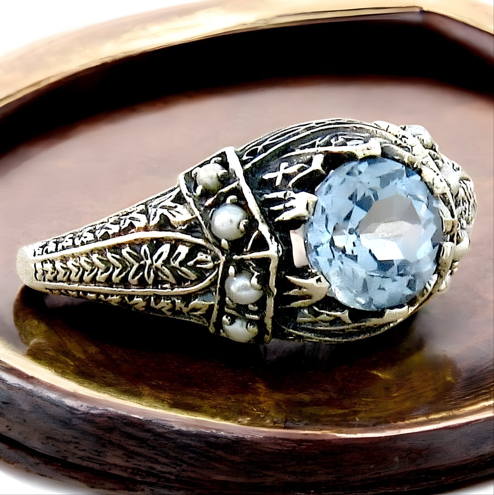 VICTORIAN STYLE 925 STERLING SILVER SIMULATED AQUAMARINE PEARL RING         #153