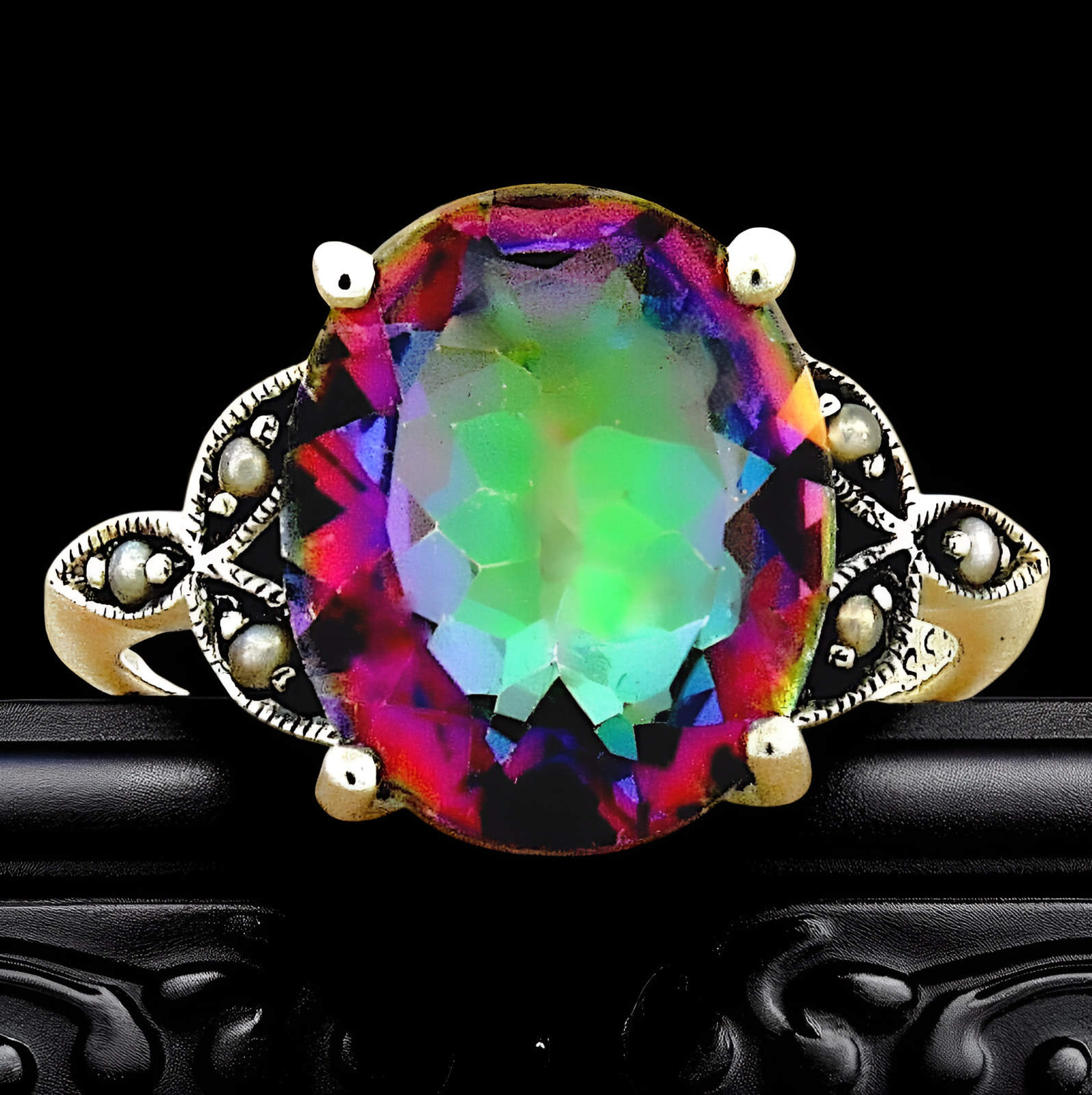 5 Ct RAINBOW MYSTIC QUARTZ & PEARL 925 STERLING SILVER ANTIQUE STYLE RING #094