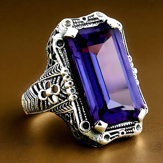VINTAGE STYLE 925 STERLING SILVER 9 CT PURPLE LAB-CREATED SAPPHIRE RING 1443
