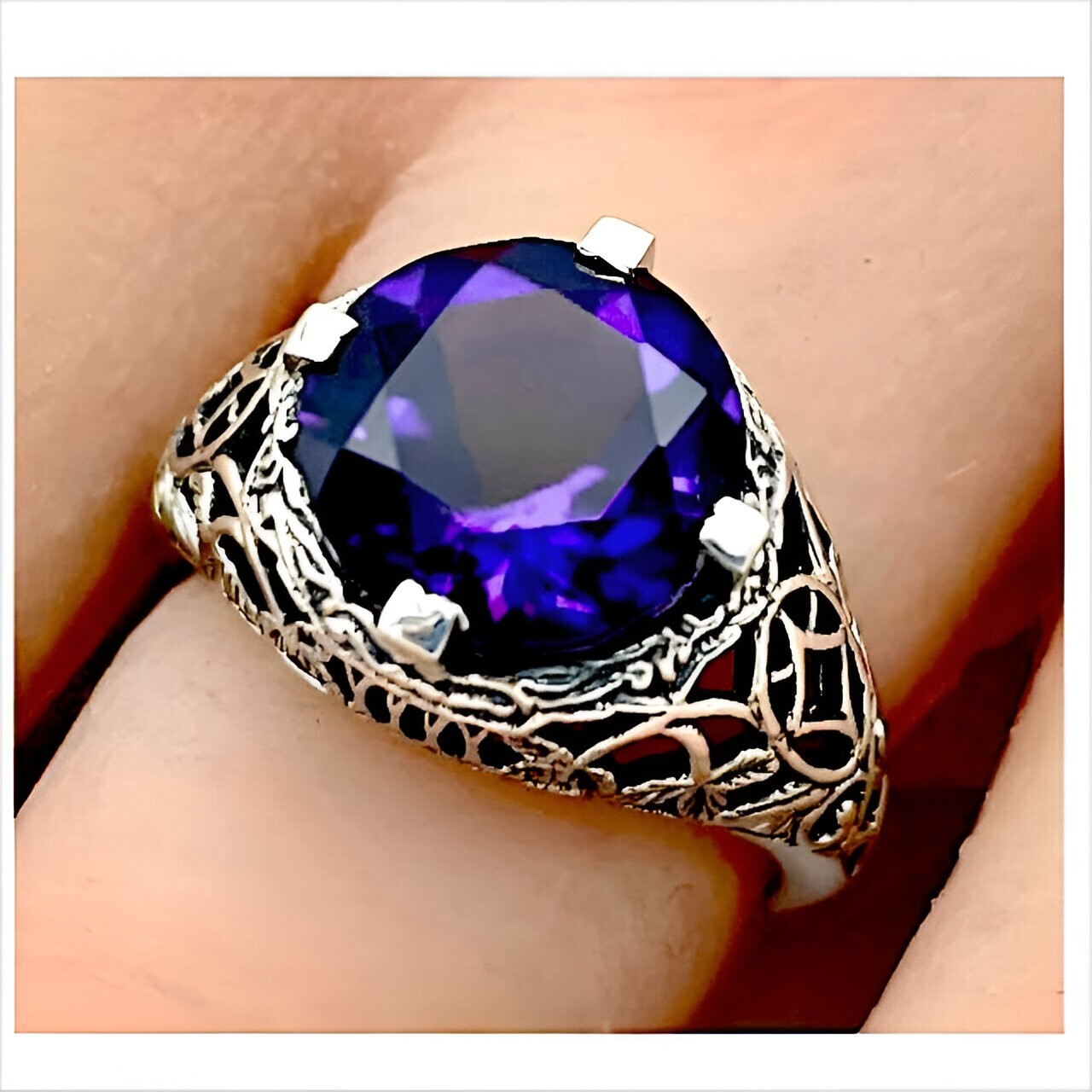 925 STERLING SILVER ANTIQUE STYLE 3 CARAT LAB AMETHYST FILIGREE RING   #155