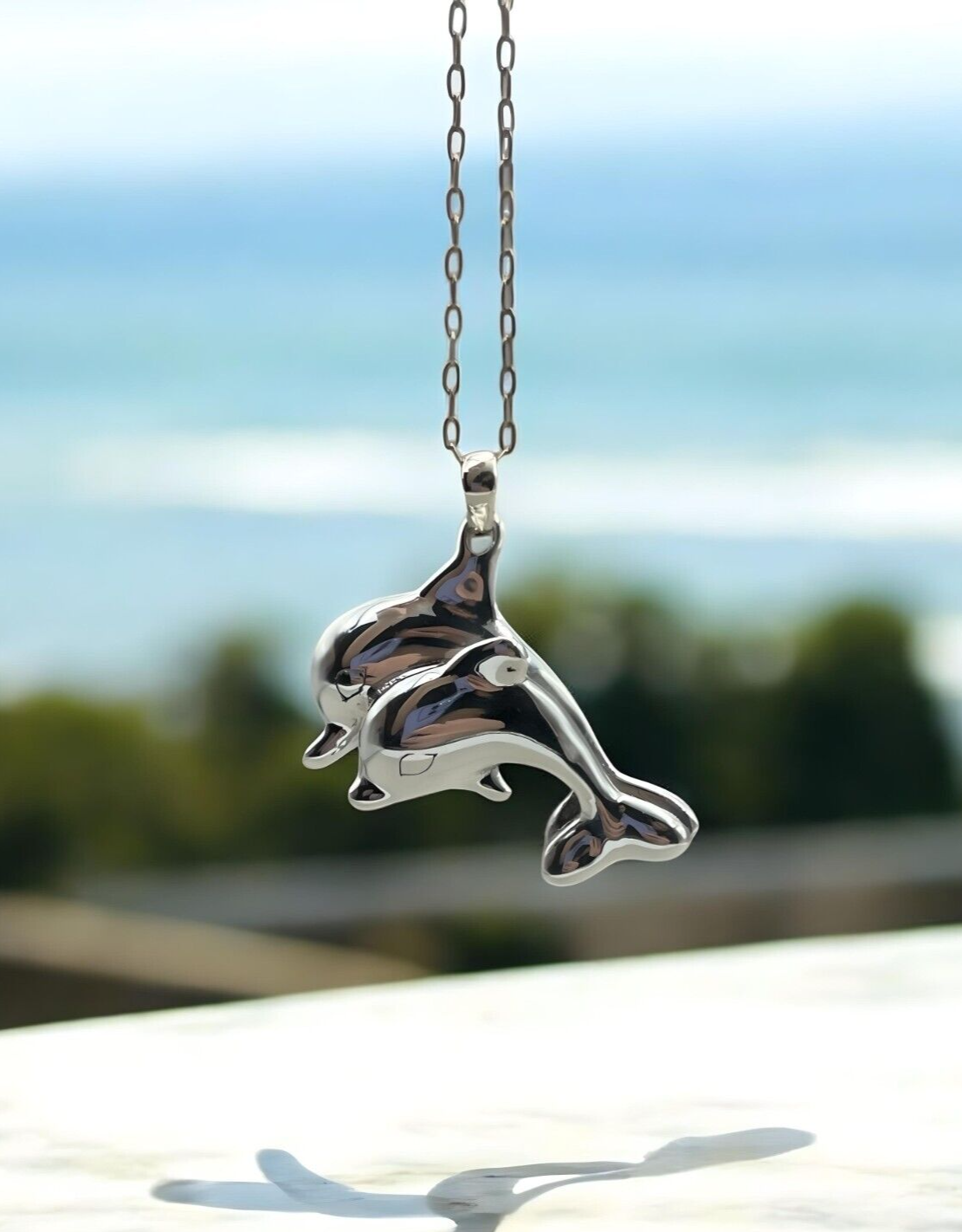 925 STERLING SILVER DOUBLE DOLPHIN LIGHTWEIGHT PENDANT, CHAIN SOLD SEPARATE 1618