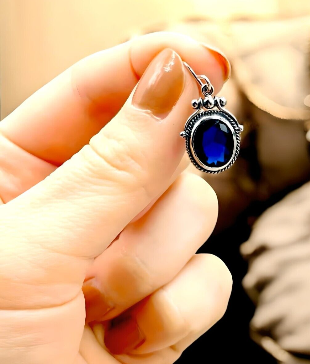 VINTAGE STYLE ROYAL BLUE SIMULATED SAPPHIRE 925 STERLING SILVER EARRINGS 1813