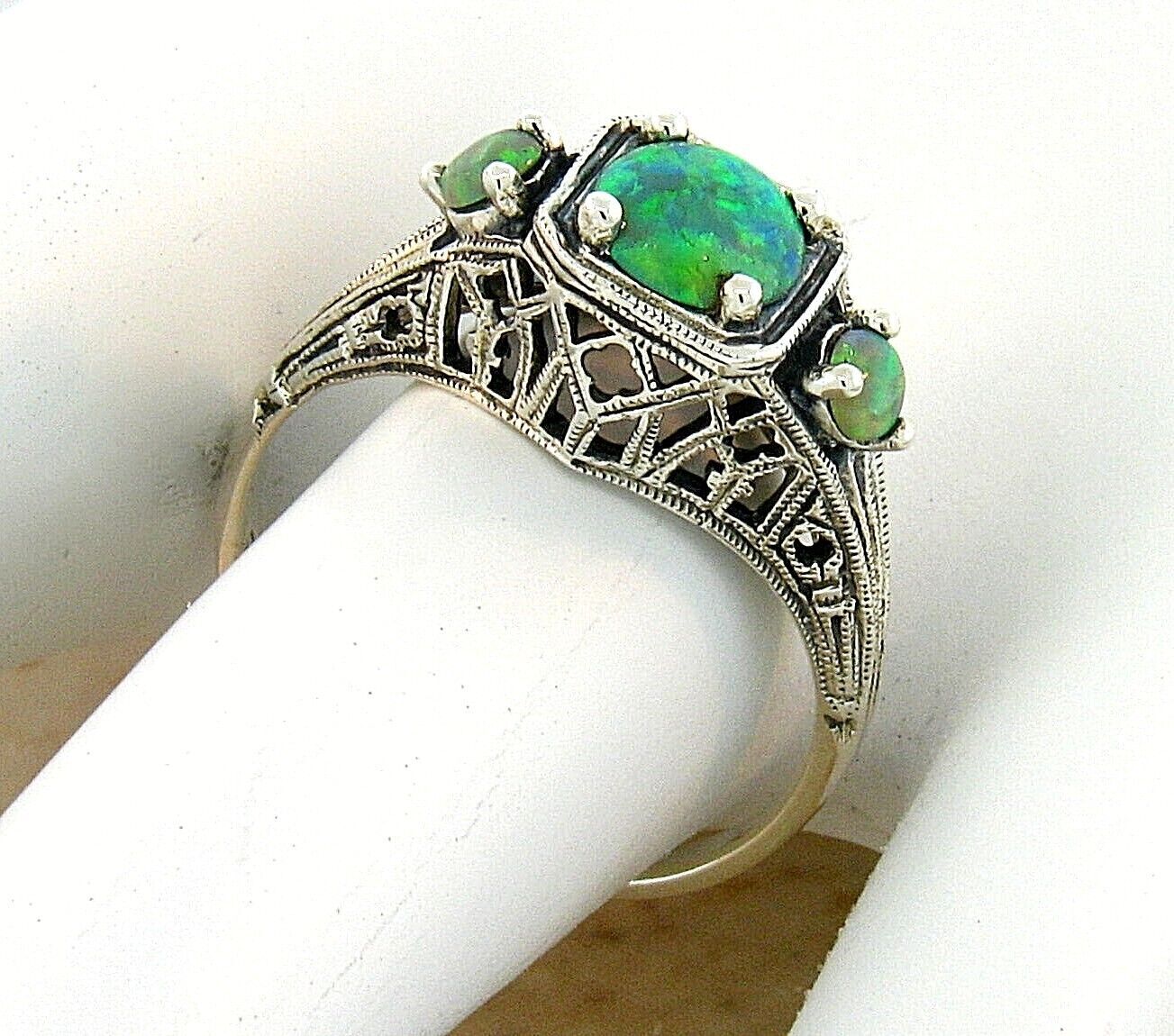 3 STONE DECO ANTIQUE STYLE 925 STERLING SILVER LAB-CREATED GREEN OPAL RING  #411