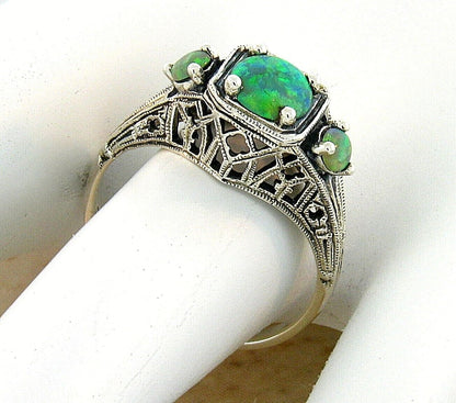 3 STONE DECO ANTIQUE STYLE 925 STERLING SILVER LAB-CREATED GREEN OPAL RING  #411