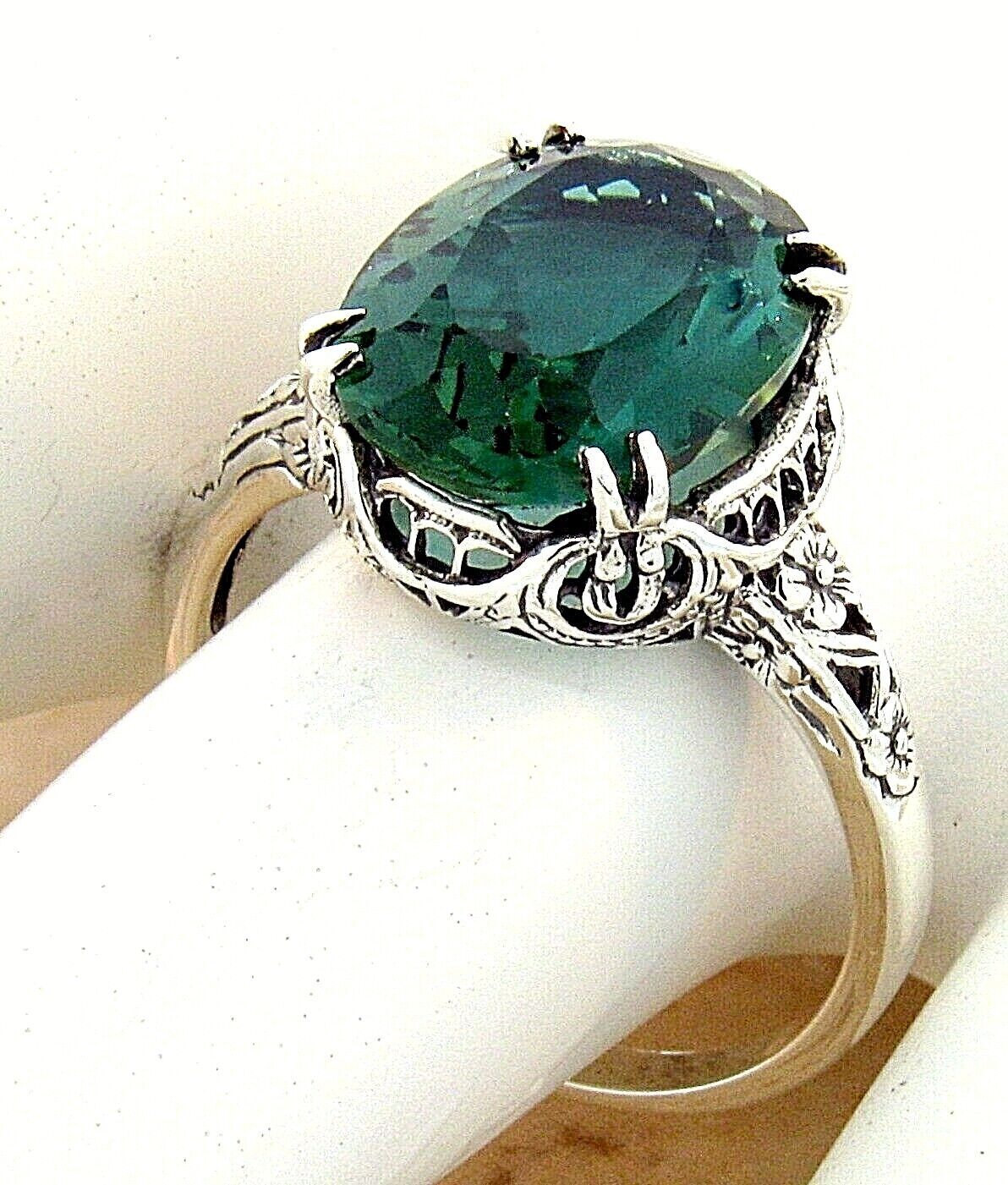 925 STERLING SILVER NOUVEAU ANTIQUE STYLE 4.5 CARAT SIMULATED EMERALD RING  #961