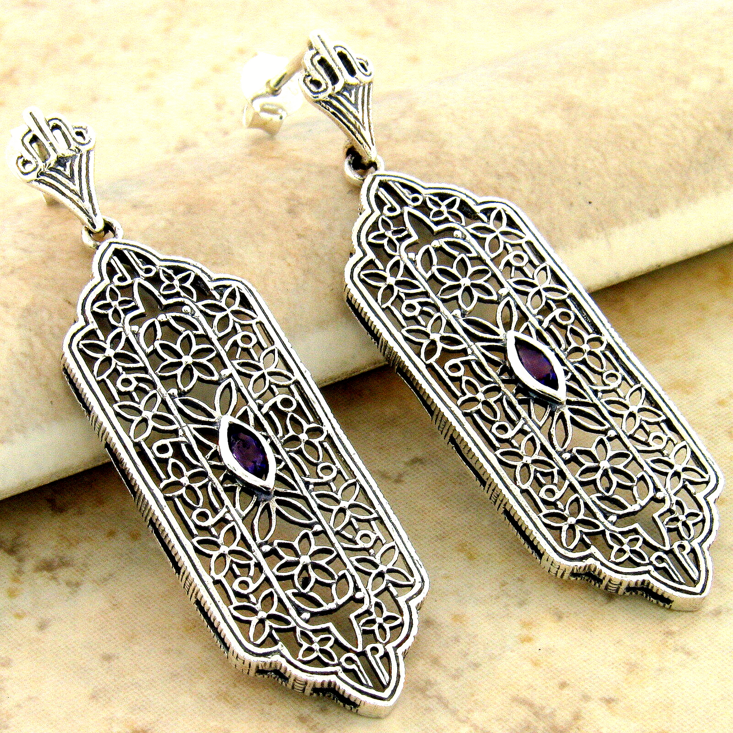 GENUINE AMETHYST 925 STERLING SILVER VICTORIAN DESIGN ANTIQUE STYLE EARRINGS 967