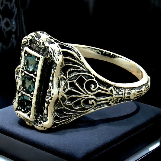 925 STERLING SILVER 3 STONE RING VINTAGE STYLE SIMULATED LONDON BLUE TOPAZ #1130