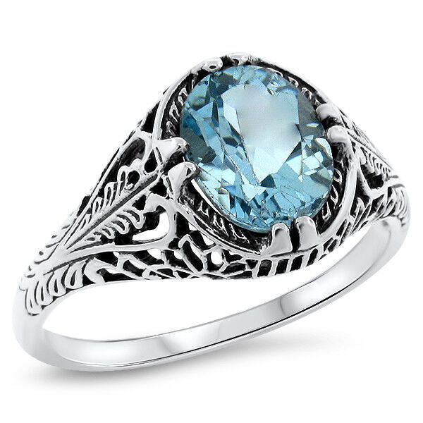 2 CT GENUINE BLUE TOPAZ CLASSIC ART DECO STYLE 925 STERLING SILVER RING     #691