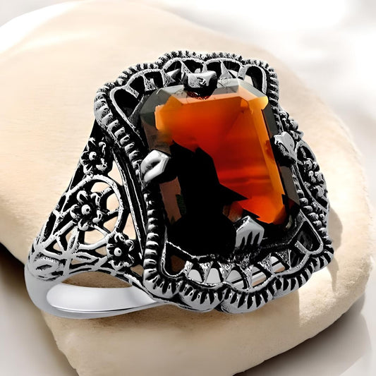 VINTAGE STYLE 925 SOLID STERLING SILVER SIMULATED GARNET FILIGREE RING      1191