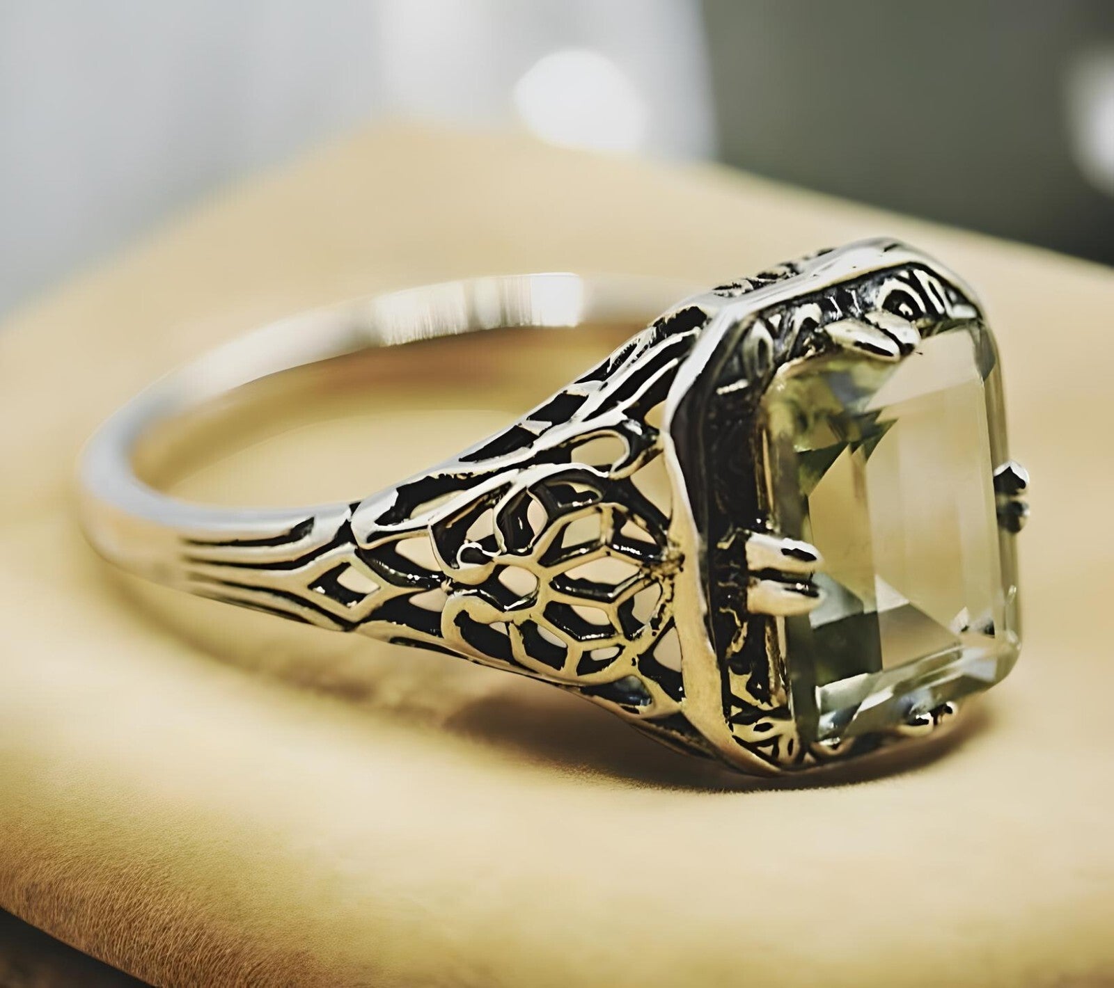 VINTAGE STYLE 925 STERLING SILVER GENUINE GREEN AMETHYST FILIGREE RING 1787