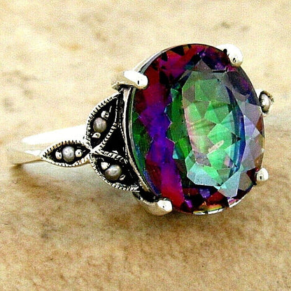 5 Ct RAINBOW MYSTIC QUARTZ 925 STERLING SILVER ANTIQUE STYLE VICTORIAN RING 094Z