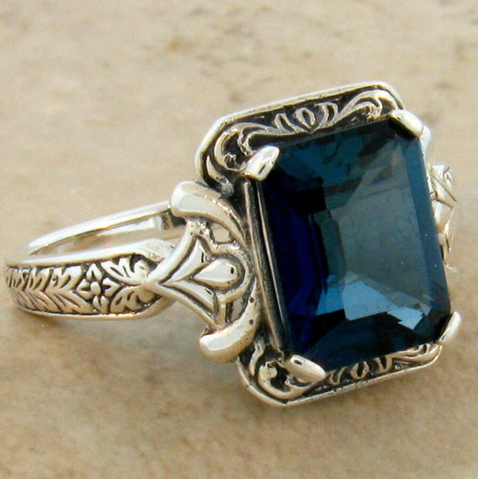 4 Ct GENUINE LONDON BLUE TOPAZ ART DECO STYLE 925 STERLING SILVER RING      #278